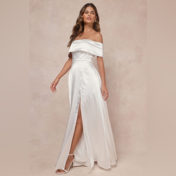 LULU’S Greatest Hits White Satin Off-The-Shoulder Maxi Dress - Picture 4 of 5
